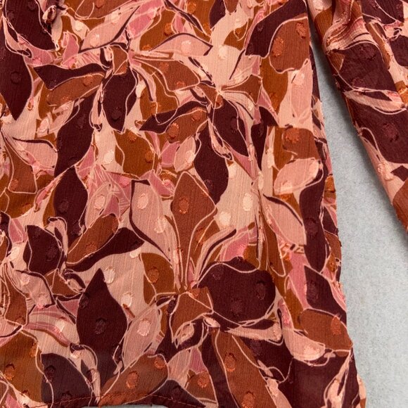 Joie Shirt Womens Large Brown Leaves Boho Sheer Swiss Dot Chiffon Tie Ruffle - Picture 5 of 15